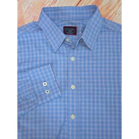 Untuckit Mens Medium Slim Fit Button-Down Shirt Blue & Pink Plaid Nylon/Elastane - Picture 4 of 7